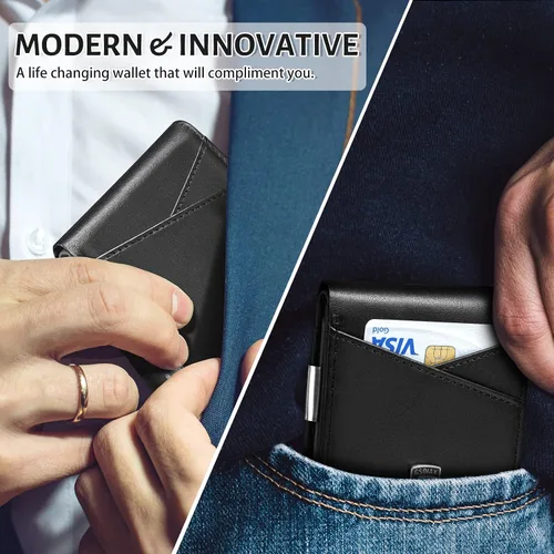 Vista 72 de GSOIAX Cartera delgada de cuero plegable RFID para hombre, billetera minimalista con bolsillo frontal con clip para dinero, 12 ranuras para Negro