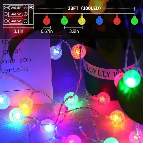 Vista 6 de Luces que cambian de color alimentadas por baterías, paquete de 2 unidades en total de 66 pies, 200 luces LED coloridas con control remoto, 8 modos