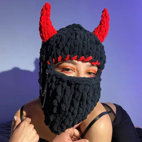 Vista 3 de Gorro de punto de crochet grueso para mujeres y niñas, divertido gorro de conejo con orejas largas con máscara y bufanda, pasamontañas térmico
