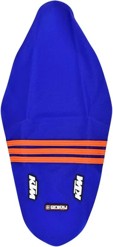 Vista 2 de Enjoy Mfg Funda de asiento – Compatible con KTM SX 2011-2015 – SXF Blue TLD / 3 Orange Stripes Logo #47 Logo