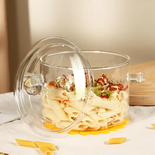 Vista 5 de Olla de Vidrio Transparente para Cocinar con Tapa, Cepillo y Almohadillas Térmicas de Silicona para Estufa - 1.5L (51oz) Olla de Vidrio