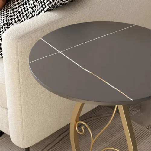 Vista 4 de Mesa auxiliar redonda bohemia para sala de estar, mesas auxiliares de escritorio de mármol natural con base floral de metal minimalista bohemio