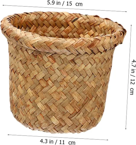 Vista 8 de Zerodeko Cesta de basura tejida de mimbre para decoración de oficina, contenedor de basura rústico, cesta de flores para baño, cocina, hogar