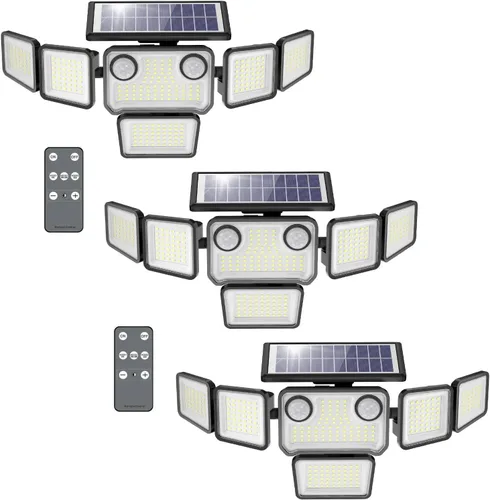 Vista 11 de Luces solares para exteriores, 6000 lm, 284 LED, doble sensor de movimiento, luces solares de 6 cabezales, luces de pared de seguridad, IP65