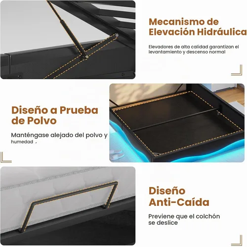 Vista 7 de ADORNEVE Marco de Cama Individual con Almacenamiento Elevable con Estación de Carga Tipo C y Cabecera con Almacenamiento Oculto, Cama de Plataforma