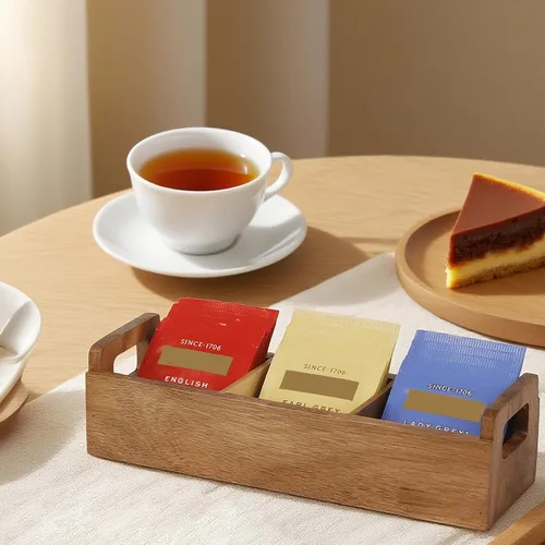 Vista 9 de HTB Caja Pequeña de Bolsitas de Té de Madera, 3 Compartimentos, Cofre de Bolsitas de Té de Madera de Acacia con Asa, Mini Contenedor