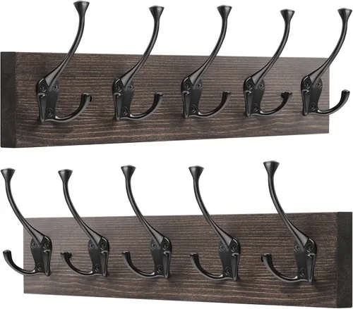Vista 8 de IBosins Perchero de pared de 34'' con 10 ganchos tri-decorativos, colgador de abrigos de madera resistente, barra de ganchos rústicos para entrada
