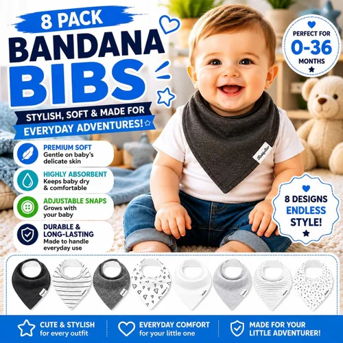 Vista 2 de 8-Pack Organic Cotton Bandana Bibs for Drooling Babies Soft Bibs for Teething & Feeding Newborn Babies & Toddlers