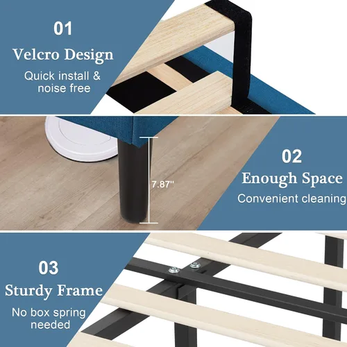 Vista 6 de VECELO Cama de plataforma tapizada de alta calidad, marco de metal y soporte de 12 listones de madera fuertes, base de colchón/cabecera de panel