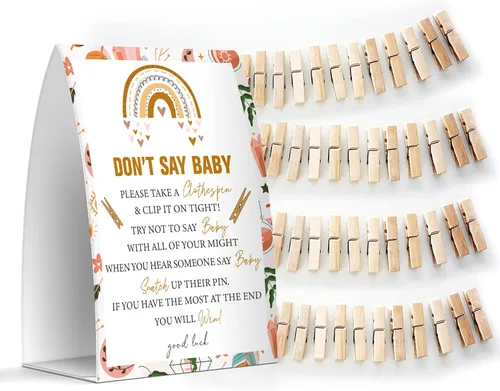 Vista 18 de Juego de texto en inglés "Don't Say Baby", un letrero de 5 x 7 pulgadas y 50 mini pinzas para la ropa, juegos de baby shower, decoración de baby