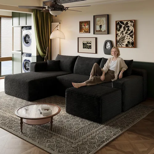 Vista 32 de Sofá modular en forma de L de 96 pulgadas con diván, moderno y cómodo sofá de pana para sala de estar, sofá de espuma viscoelástica, no requiere
