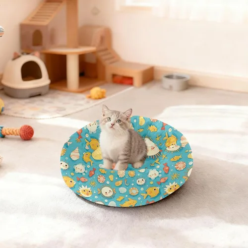 Vista 3 de Wudan Pet Cat Bed Anti-Slip Fluffy Calming Bed for Medium Size Pets Sleeping XS Blue Themed Marine Life