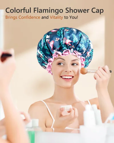 Vista 5 de mikimini Gorro de ducha para mujer, reutilizable, mediano, estampado de flamencos Reutilizable, impermeable, se adapta al cabello largo
