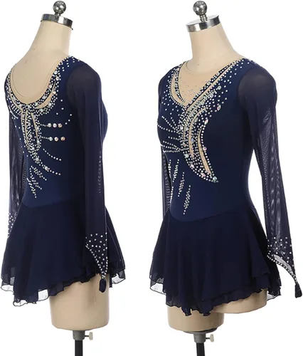 Vista 5 de Vestido de patinaje artístico para mujer mangas con los dedos disfraz de competencia baile gimnasia leotardo
