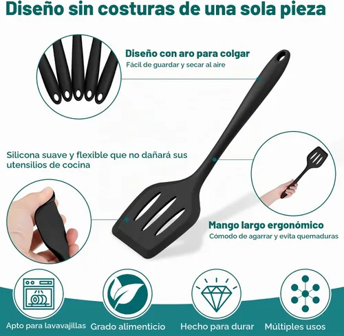 Vista 3 de TeamFar Juego de 7 utensilios de cocina de silicona, herramientas antiadherentes de cocina negras, espátula, cucharón, servidor de pasta