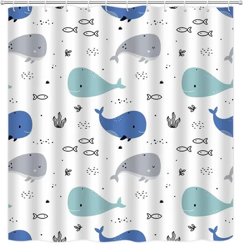 Vista 8 de Cortina de ducha de ballena de dibujos animados, lindo animal oceánico, azul y gris, diseño abstracto de peces náuticos, divertido para niños