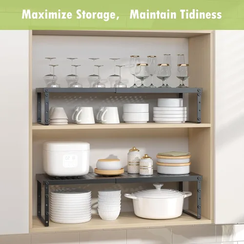 Vista 7 de RUILALIFE Estante organizador de gabinete expandible con altura ajustable, estante organizador de encimera de cocina apilable, elevador de estante