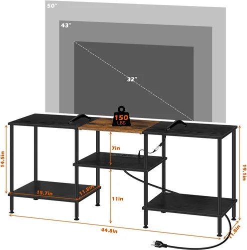 Vista 2 de Soporte de TV LED para dormitorio, soporte de TV negro de 50 pulgadas con toma de corriente, centro de entretenimiento pequeño de 3 niveles