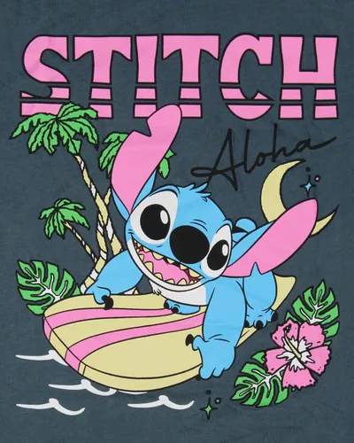 Vista 3 de Disney Junior Lilo & Stitch Aloha Stitch Surfing with Palm Trees and Flowers Graphic Camiseta
