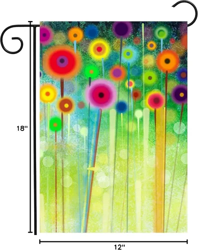 Vista 4 de Bandera abstracta de acuarela de primavera con flores verdes de temporada, pintura artística para jardín, patio, 12 x 18 pulgadas, poliéster