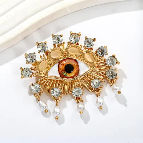 Vista 2 de Broche de mal de ojo a la moda, único, elegante, con diamantes de imitación vintage, dijes de la suerte, broche de ojo esmaltado, borla de perla