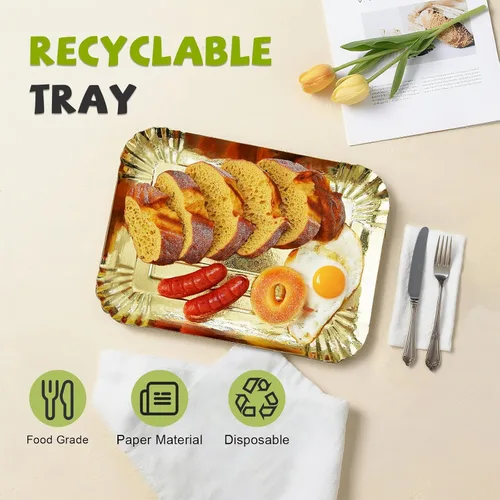 Vista 3 de 10 piezas de bandejas rectangulares doradas, de papel de cartón desechable resistente para platos, para elegante mesa de postres, exhibición