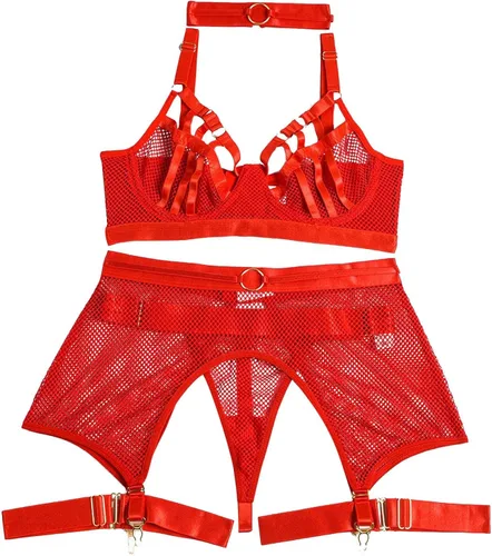 Vista 7 de Conjunto de lencería de red de cintura alta para mujer 3 piezas brasier y bragas sexy con tirantes y liguero para sexo travieso