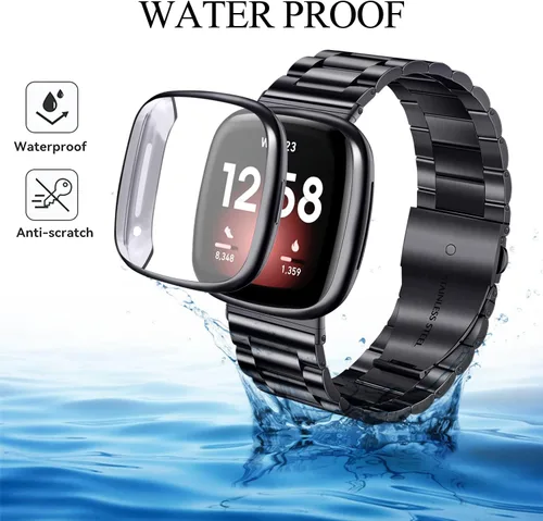 Vista 5 de ZPJPPLX para Fitbit Versa 4/Sense 2, Correa de Muñeca de Acero Inoxidable Sólido con Funda de Reloj, para Versa 3/Sense Correas de Repuesto de Metal