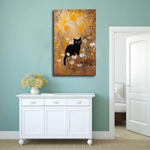 Vista 4 de Fyzuf Arte de pared de gato, pintura al óleo sobre lienzo, póster de lindo cubismo de gato, colorido, lindo, gatos, decoración estética, habitación