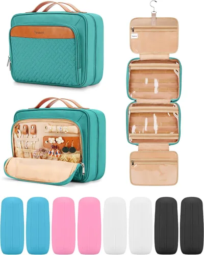 Vista 14 de Bolsa de aseo colgante de viaje para mujeres y hombres, con 6 cubiertas de botellas de silicona a prueba de fugas, accesorios impermeables