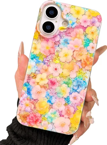 Vista 29 de I-MGAE-IN-AR Funda compacta para iPhone 12 Pro, diseño colorido de flores iridiscentes, holográfica, brillante, bonita funda para iPhone 12