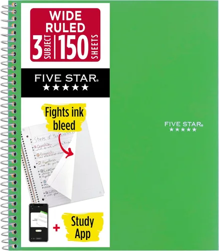 Vista 15 de Five Star, cuaderno en espiral, 3 materias, con papel rayado ancho, 150 hojas, 10-1/2 x 8 pulgadas, Amarillo