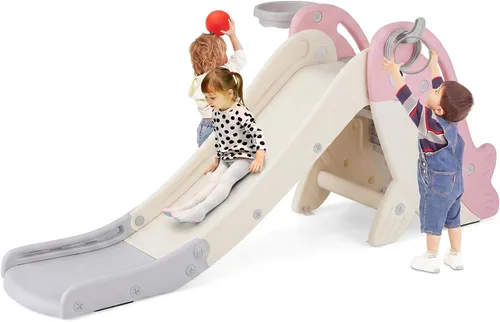 Vista 13 de BABY JOY Tobogán plegable para niños pequeños, juego independiente de escalador para bebés con aro de baloncesto, juego de tobogán para niños