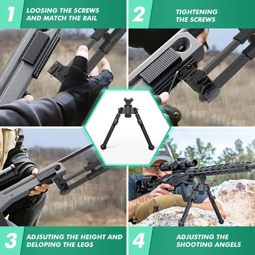 Vista 6 de Bípodes de rifle para caza y disparo con giro de 360° y bípode de pistola de 10 alturas ajustables para rifles