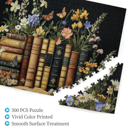 Vista 3 de Flores y libros, rompecabezas para adultos de 500 piezas, rompecabezas de madera, lluvia de ideas para adultos y decoración del hogar, ideal