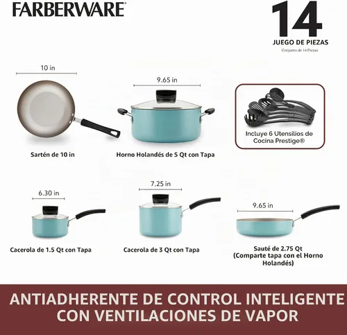 Vista 8 de Farberware Smart Control - Juego de ollas y sartenes antiadherentes, 14 piezas, color aguamarina