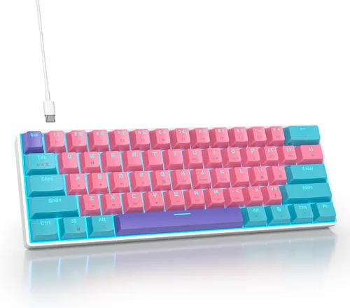 Vista 21 de Protable - Teclado mecánico para juegos al 60%, mini compacto RGB retroiluminado 61 teclas, teclado de oficina con cable con interruptor rojo