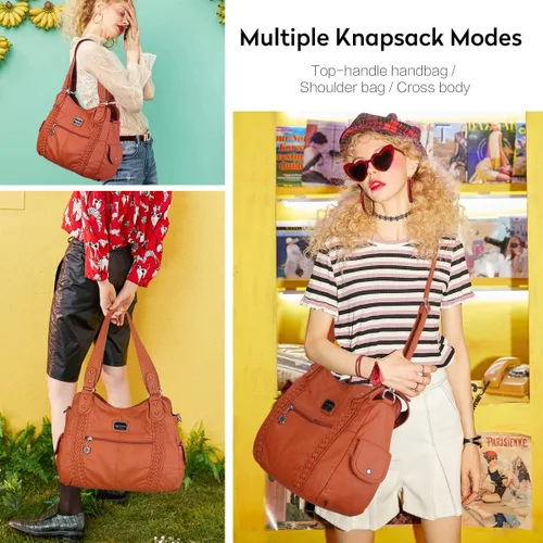 Vista 219 de Angel Barcelo - Bolsa de hombro amplia para mujer, diseño Hobo, cuero lavado