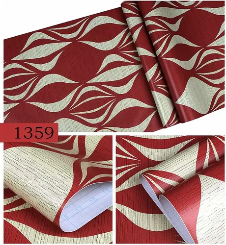Vista 2 de J1359-10M - Papel tapiz moderno geométrico abstracto con ondas, pelar y pegar, 17.7 pulgadas x 32.8 pies, papel de contacto extraíble rojo/dorado