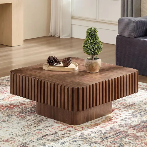 Vista 18 de WILLIAMSPACE Mesa de Café Redonda de 35.43" con Tablero de Piedra Sintética, Mesa Central Circular de Madera Moderna de Estilo Granja para la Sala
