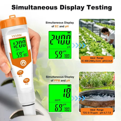 Vista 2 de Probador de pH hidropónico EC, pantalla simultánea pH ppm para agua de depósito base, monitoreo continuo de temperatura de conductividad de pH. ppm