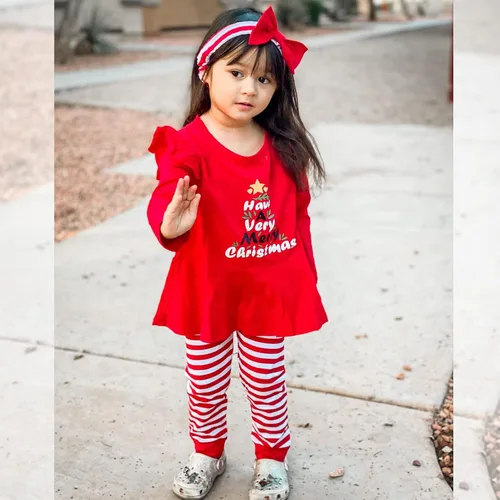 Vista 3 de Conjunto de ropa de Navidad con estampado de Papá Noel para niñas pequeñas, conjunto de ropa de Navidad de 3 piezas