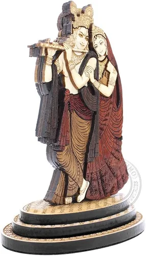 Vista 3 de Estatua tallada en madera de Radha Krishna de 4 pulgadas en maderas duras exóticas - Ídolo de Radha Krishna de madera multicapa hecho a mano