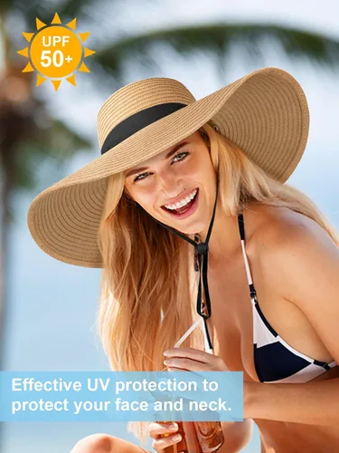 Vista 5 de Sombreros de sol flexibles para mujer, sombrero de playa de paja de ala Caqui