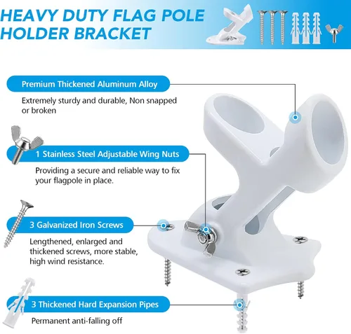 Vista 2 de HOOPLE Soporte para asta de bandera para casa exterior, soporte de aluminio resistente para bandera y soporte de montaje para asta de bandera