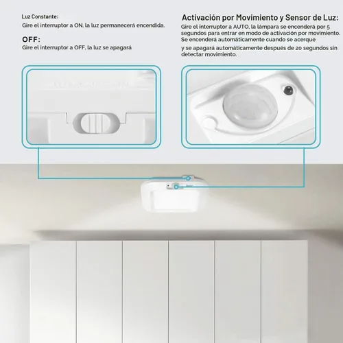Vista 4 de LINEWAY Luz de techo con sensor de movimiento - Luz LED activada por movimiento para interiores, 6000K, 180LM, funciona con batería para armario