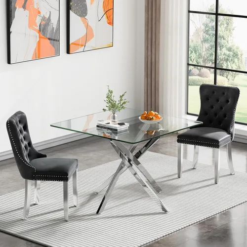 Vista 99 de Juego de mesa de comedor SSLine moderno de 3 piezas con mesa redonda de vidrio para 2, lujosa mesa de comedor circular de 36" con tapa de vidrio