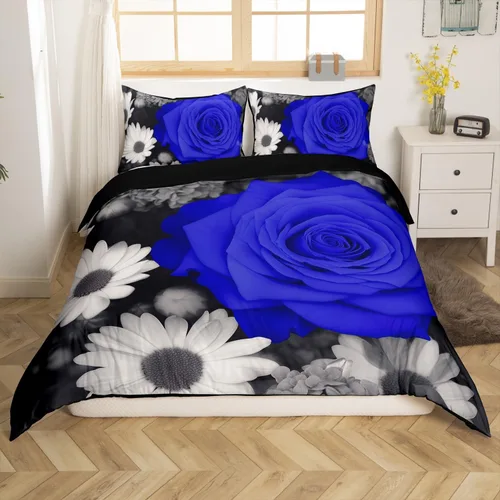 Vista 11 de Juego de funda de edredón de rosa roja, tamaño matrimonial, juego de ropa de cama floral color rojo degradado y negro para niñas, mujeres, niños