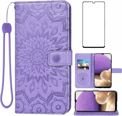 Vista 10 de Funda de teléfono para Samsung Galaxy A32 5G de 6.5 pulgadas con protector de pantalla de vidrio templado y cubierta delgada de cuero, soporte