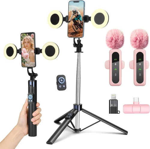 Vista 8 de Trípode de teléfono de 70 pulgadas y palo selfie con luz, soporte de trípode de metal con control remoto inalámbrico, trípode portátil para selfie